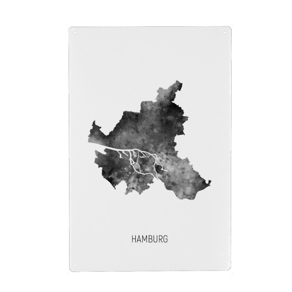 Metall Poster "Hamburger Stadt-Landkarte BW" artboxONE - Schwarzweiß,Kartografie - Hamburg,Karte,Aquarell,Malerei,Stadtstaat,Deutschland
