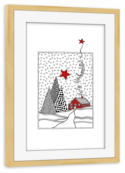 Poster mit Rahmen kiefer "Winterhaus" artboxONE - Weihnachten - Weihnachten,Winter,Stern,Geschenk,Advent,Adventskalender
