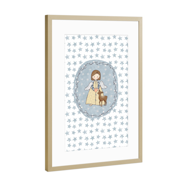 Poster mit Rahmen Gold "Engel mit Reh" artboxONE - Für Kinder,Weihnachten - Advent,Adventskalender,Kind,Kinderzimmer,Weihnachten