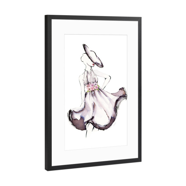 Poster mit Rahmen Schwarz (Metallic) "Schlage eine Pose I" artboxONE - Floral,Menschen,Fashion - Hut,Kleid,Frau