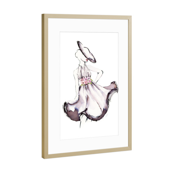 Poster mit Rahmen Gold "Schlage eine Pose I" artboxONE - Floral,Menschen,Fashion - Hut,Kleid,Frau