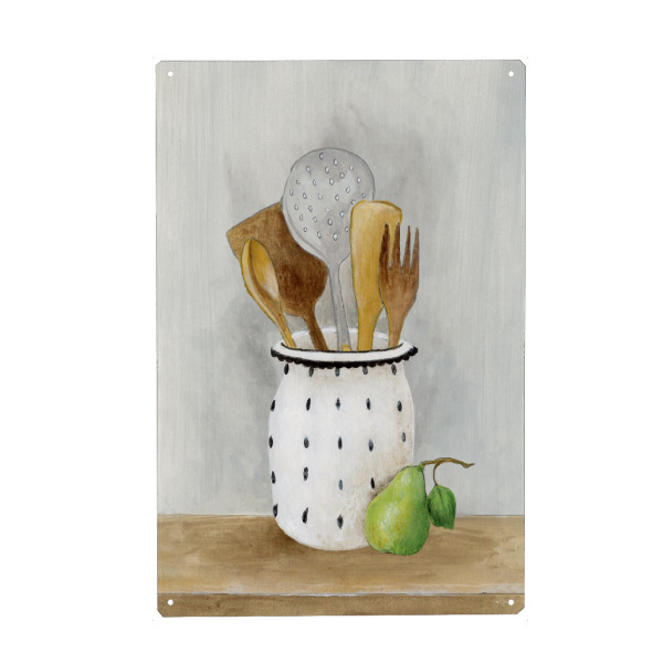 Holzbild "Cottage-Küche" artboxONE - Essen & Trinken,Essen & Trinken / Obst & Gemüse - Holzlöffel,Holzgabel,Holz,Birne,Utensilien,Küche,Gabel,Löffel