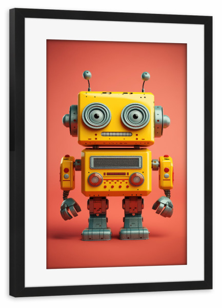 Poster mit Rahmen schwarz "Niedlicher Metallroboter auf Rot" artboxONE - Lustig