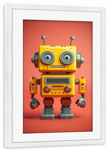 Poster mit Rahmen weiß "Niedlicher Metallroboter auf Rot" artboxONE - Lustig