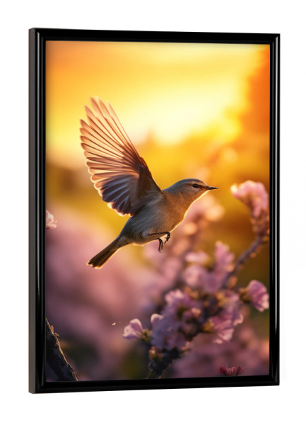 Poster mit schwarzem Rahmen "Vogel fliegt im Frühlingsbaum" artboxONE - Natur,Tiere