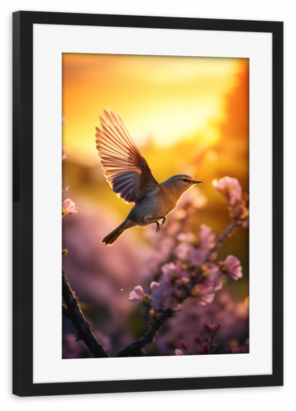 Poster mit Rahmen schwarz "Vogel fliegt im Frühlingsbaum" artboxONE - Natur,Tiere