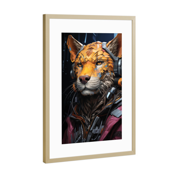 Poster mit Rahmen Gold "Cyberpunk-Jaguar" artboxONE - Tiere - Cyberpunk,Robotertiere,Futuristische tiere,Metalltiere,Manga,Cyberpunk-jaguar