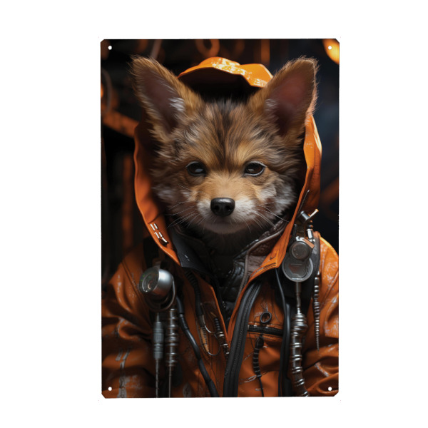 Holzbild "Cyberpunk-Fuchs" artboxONE - Tiere - Cyberpunk-fuchs,Cyberpunk,Robotertiere,Futuristische tiere,Metalltiere,Manga,Fuchs