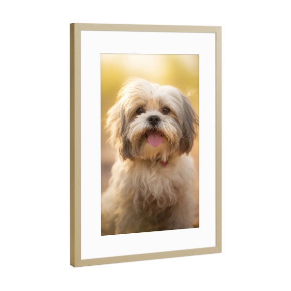 Poster mit Rahmen Gold "Glücklicher Shih Tzu" artboxONE - Tiere - Tier,Bokeh,Niedlich,Hund,Glücklich,Fotografie,Porträt,Shih tzu,Lächelnd,Weiß