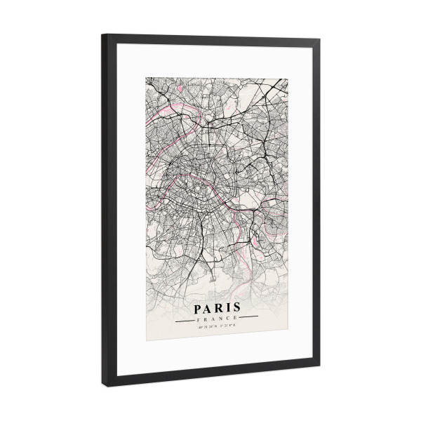 Poster mit Rahmen Schwarz (Metallic) "Stadtplan Paris" artboxONE - Städte / Paris,Kartografie