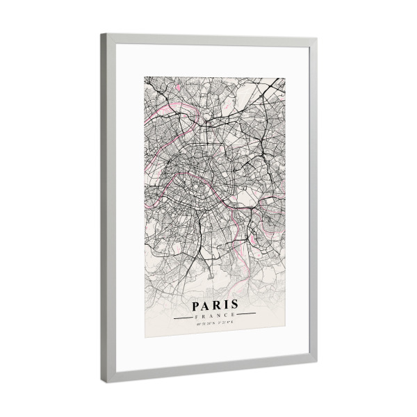 Poster mit Rahmen Silber "Stadtplan Paris" artboxONE - Städte / Paris,Kartografie