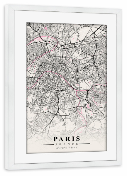Poster mit Rahmen weiß "Stadtplan Paris" artboxONE - Städte / Paris,Kartografie
