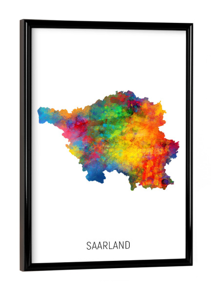 Poster mit schwarzem Rahmen "Aquarell-Landkarte des Saarlandes" artboxONE - Kartografie - Saarland,Karte,Aquarell,Malerei,Bunt
