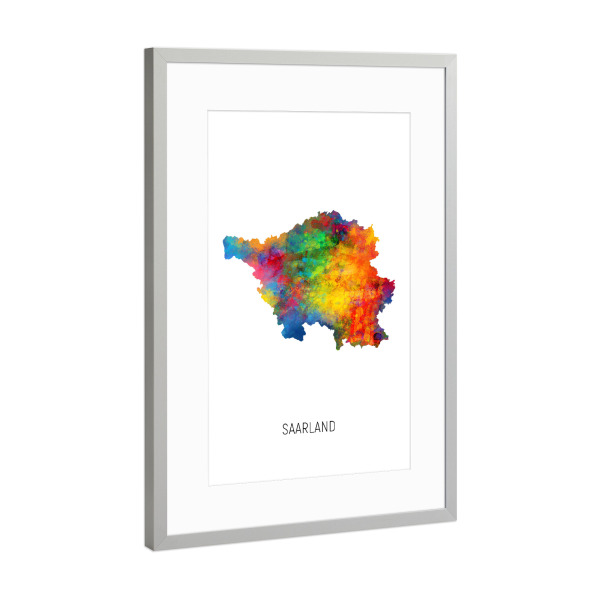 Poster mit Rahmen Silber "Aquarell-Landkarte des Saarlandes" artboxONE - Kartografie - Saarland,Karte,Aquarell,Malerei,Bunt