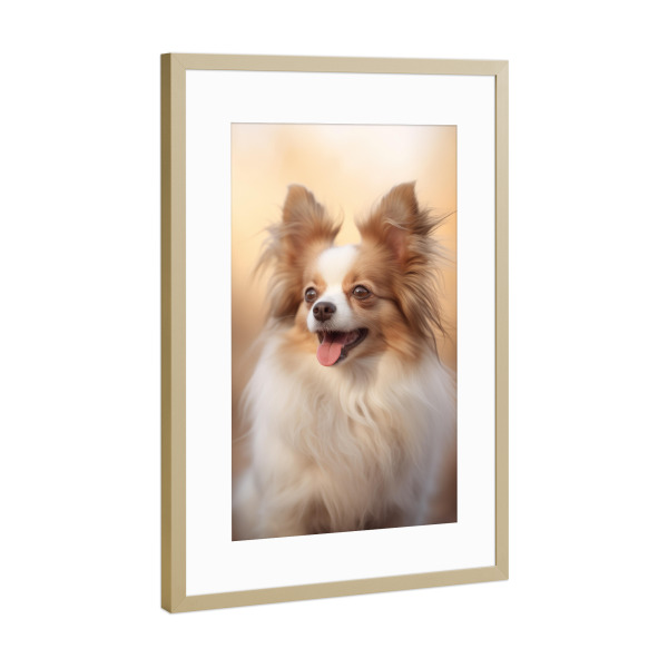 Poster mit Rahmen Gold "Glücklicher Papillon" artboxONE - Tiere - Tier,Bokeh,Niedlich,Hund,Glücklich,Papillon,Fotografie,Porträt,Lächelnd,Weiß
