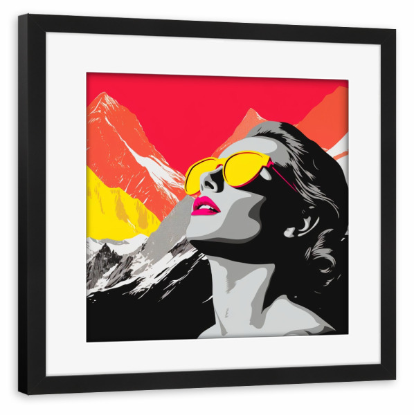 Poster mit Rahmen schwarz "HIMMELBERGE" artboxONE - Natur,Reise,Menschen,Schwarzweiß - Poptonicart,Pop art,Kunst,Himmel,Berge,Sonnenbrille,Frau