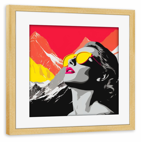 Poster mit Rahmen kiefer "HIMMELBERGE" artboxONE - Natur,Reise,Menschen,Schwarzweiß - Poptonicart,Pop art,Kunst,Himmel,Berge,Sonnenbrille,Frau