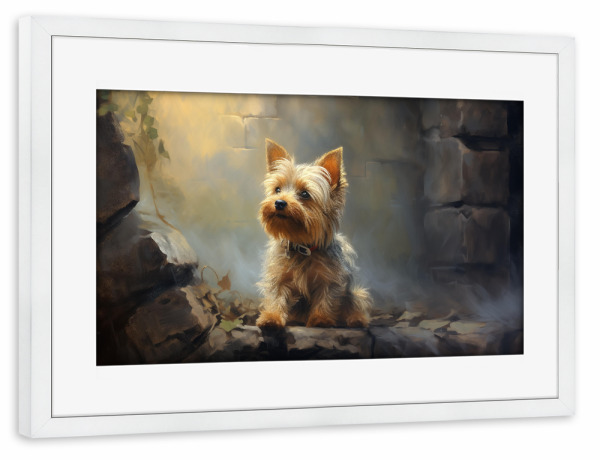 Poster mit Rahmen weiß "Niedlicher Terrier an einer Wand" artboxONE - Natur,Tiere