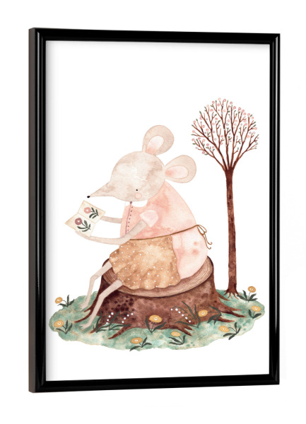 Poster mit schwarzem Rahmen "Voglhuber - Maus mit Grußkarte" artboxONE - Natur,Für Kinder,Tiere
