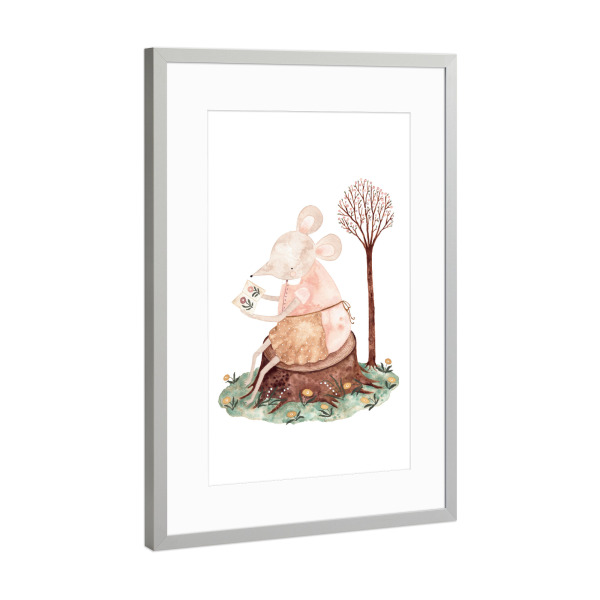 Poster mit Rahmen Silber "Voglhuber - Maus mit Grußkarte" artboxONE - Natur,Für Kinder,Tiere