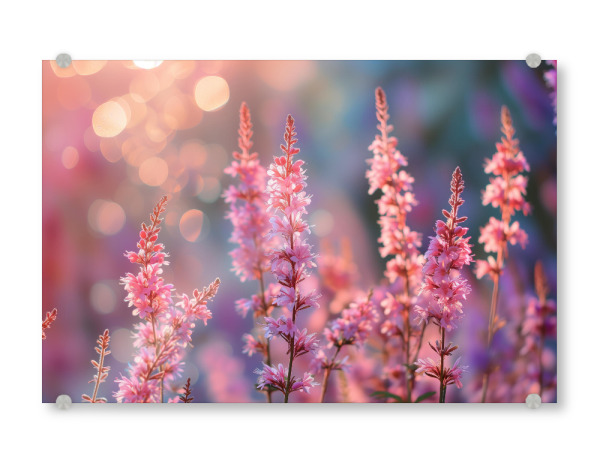 Acrylglasbild "Foto von Ping-Frühlingsblumen" artboxONE - Natur,Floral - Bokeh,Feld,Blume,Blumen,Wiese,Natur,Rosa,Frühling,Sonnenuntergang