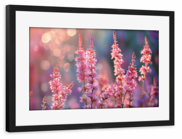 Poster mit Rahmen schwarz "Foto von Ping-Frühlingsblumen" artboxONE - Natur,Floral - Bokeh,Feld,Blume,Blumen,Wiese,Natur,Rosa,Frühling,Sonnenuntergang