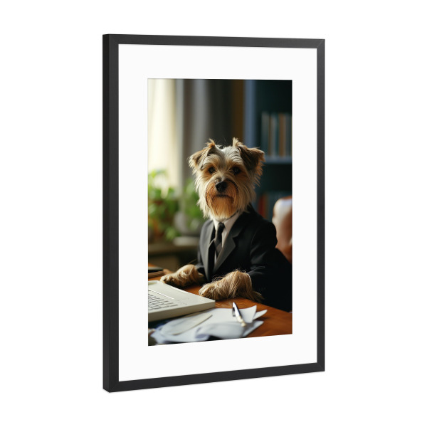 Poster mit Rahmen Schwarz (Metallic) "Business-Schreibtischterrier" artboxONE - Tiere,Lustig