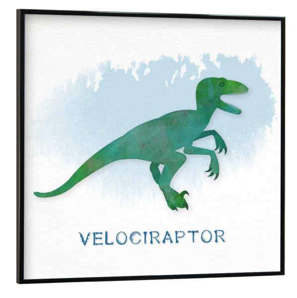Poster mit schwarzem Rahmen 30x30 cm "Der Velociraptor" artboxONE - Typografie,Für Kinder,Tiere - Velociraptor,Dinosaurier,Aquarell,Dino