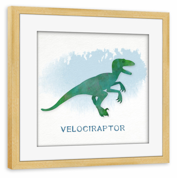 Poster mit Rahmen kiefer "Der Velociraptor" artboxONE - Typografie,Für Kinder,Tiere - Velociraptor,Dinosaurier,Aquarell,Dino