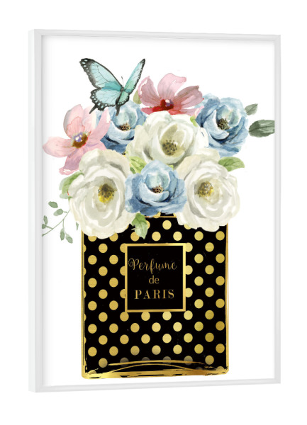 Poster mit weißem Rahmen "Polka Dot Blumenparfüm" artboxONE - Floral,Tiere,Fashion - Parfüm,Schmetterling,Blumen
