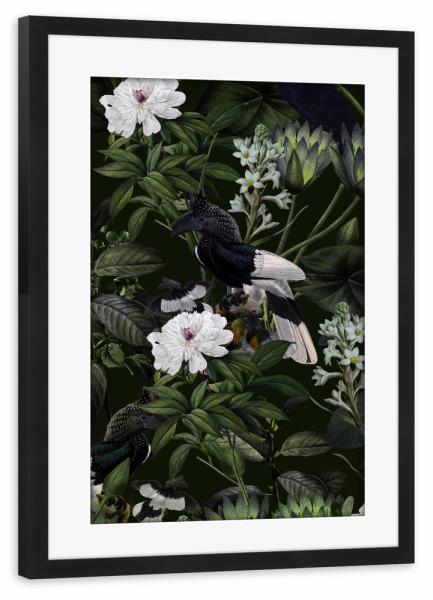 Poster mit Rahmen schwarz "Exotische Nacht" artboxONE - Natur,Floral,Tiere - Tukan,Exotisch,Wald,Wild,Dschungel,Natur,Botanisch