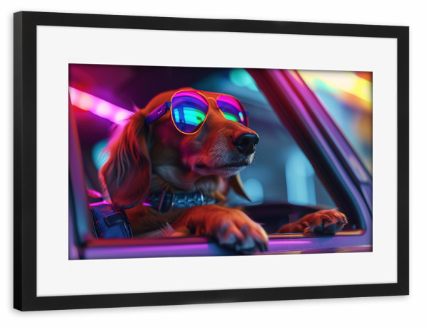 Poster mit Rahmen schwarz "Funkiger Autohund" artboxONE - Tiere,Lustig