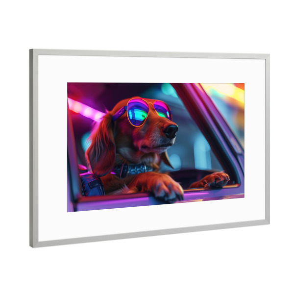 Poster mit Rahmen Silber "Funkiger Autohund" artboxONE - Tiere,Lustig