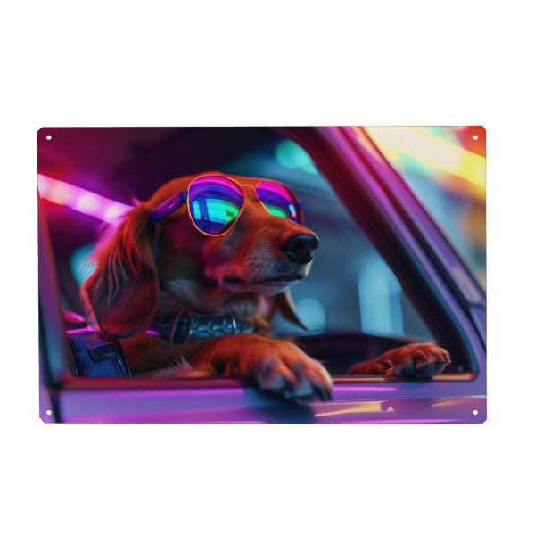 Holzbild "Funkiger Autohund" artboxONE - Tiere,Lustig - Auto,Stadt,Cool,Niedlich,Hund,Funky,Lustig,Neon,Fotografie,Rosa,Sonnenbrille,Violett