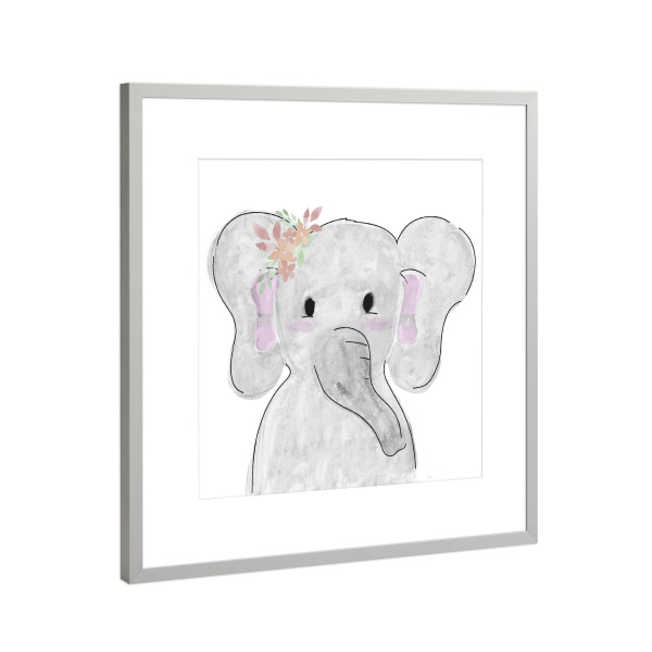 Poster mit Rahmen Silber "Ein süßer Elefant" artboxONE - Floral,Für Kinder,Tiere - Elefant,Blumen,Kinder,Kind,Kinder