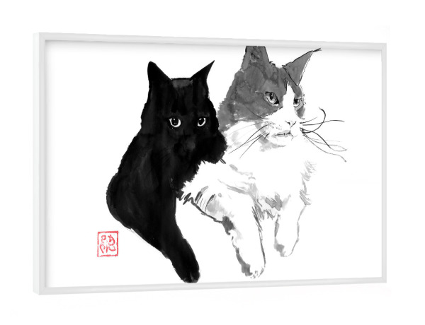 Poster mit weißem Rahmen "Zwei Katzen nebeneinander" artboxONE - Tiere - Katze,Sumie,Japan,Schwarzweiß