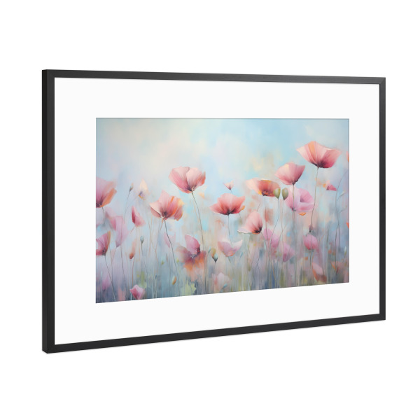 Poster mit Rahmen Schwarz (Metallic) "Rosa Mohnblumen auf Hellblau" artboxONE - Natur,Floral