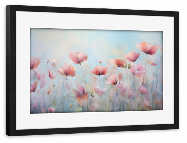 Poster mit Rahmen schwarz "Rosa Mohnblumen auf Hellblau" artboxONE - Natur,Floral