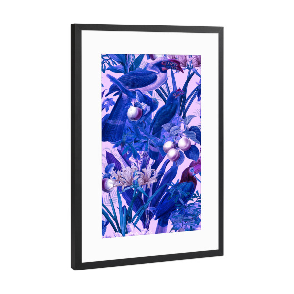 Poster mit Rahmen Schwarz (Metallic) "Lila Dschungel" artboxONE - Natur,Floral,Tiere - Lila,Dschungel,Wild,Tukan,Natur,Botanik,Blume,Blumen,Tropisch