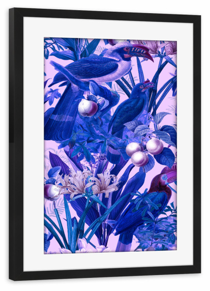 Poster mit Rahmen schwarz "Lila Dschungel" artboxONE - Natur,Floral,Tiere - Lila,Dschungel,Wild,Tukan,Natur,Botanik,Blume,Blumen,Tropisch