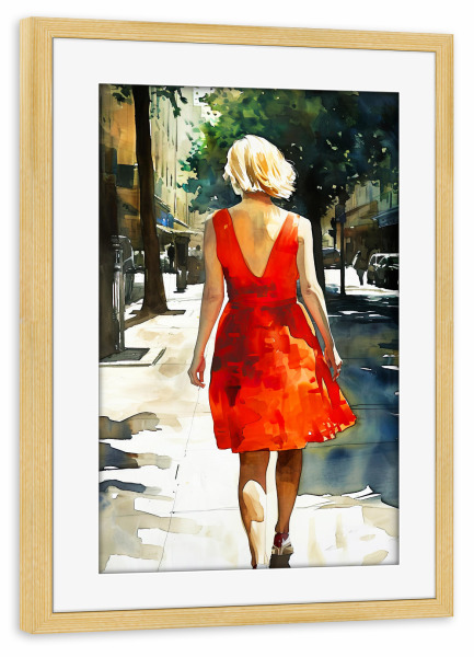 Poster mit Rahmen kiefer "Ein Spaziergang in der Sonne" artboxONE - Städte,Menschen - Frau,Mädchen,Dame,Aquarell,Stillleben