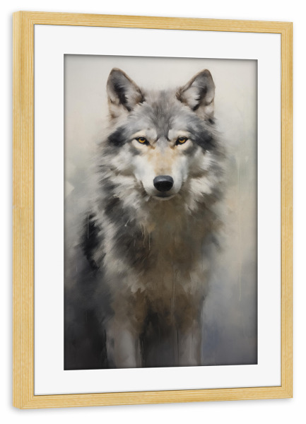 Poster mit Rahmen kiefer "Grauer Wolf-Gemälde" artboxONE - Natur,Tiere - Tier,Kunst,Leinwand,Grau,Impressionistisch,Natur,öl,Gemälde,Tierwelt,Wolf