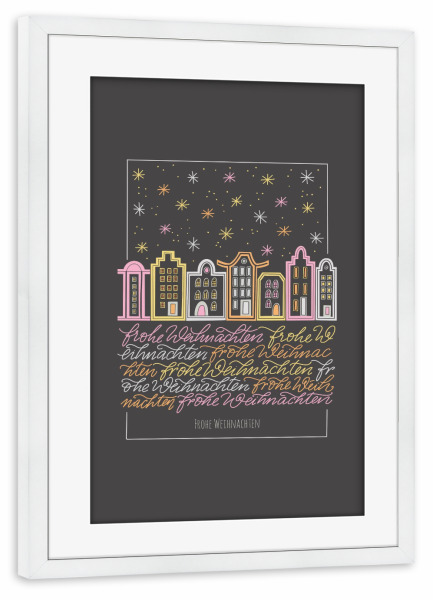 Poster mit Rahmen weiß "Weihnachtsstadt" artboxONE - Weihnachten - Weihnachten,Sterne,Advent,Adventskalender,Geschenk,Stadtansicht,Häuser