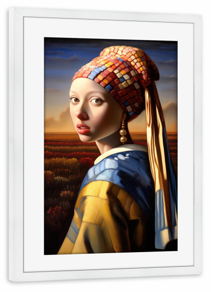 Poster mit Rahmen weiß "Die Perlenohrringe" artboxONE - Abstrakt,Menschen,Lustig