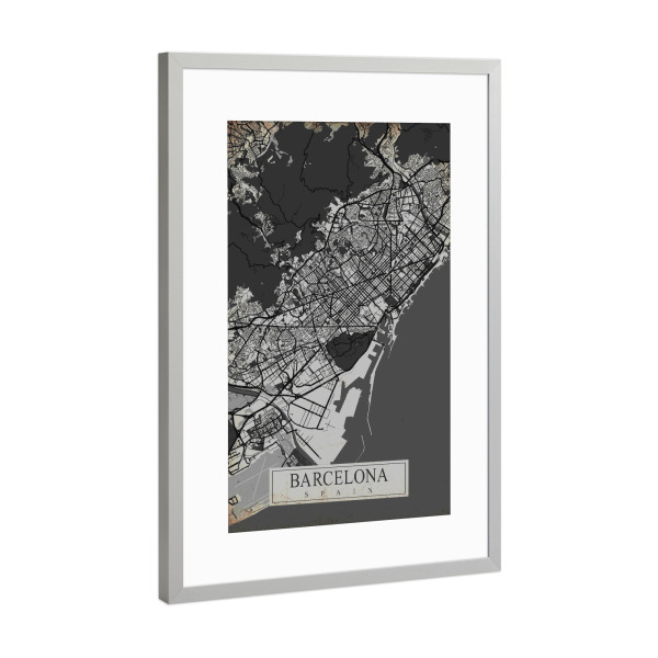 Poster mit Rahmen Silber "Vintage Stadtplan Barcelona" artboxONE - Städte / Barcelona,Kartografie
