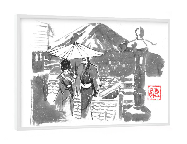 Poster mit weißem Rahmen "Spaziergang unter dem Schnee" artboxONE - Schwarzweiß,Reise / Asien - Fuji,Japan,Regenschirm,Sumie,Samurai,Geisha