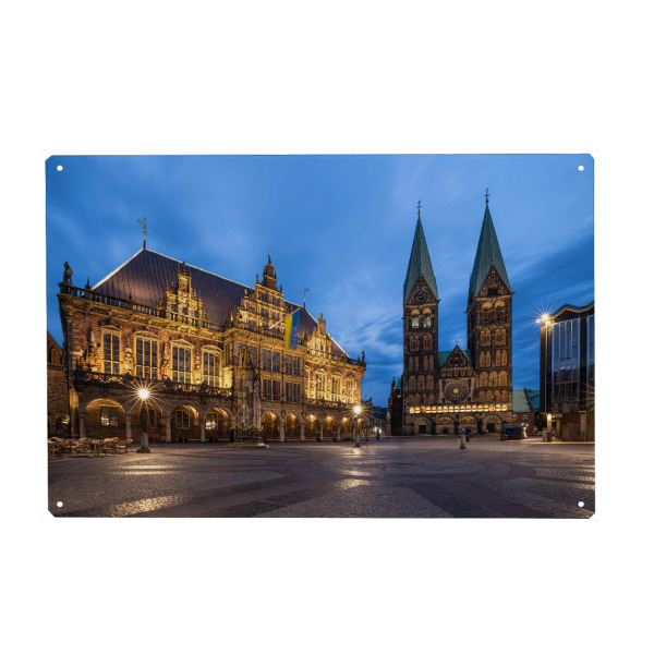 Holzbild "Bremen at Night" artboxONE - Städte,Architektur - Rathaus,Dom,Bremer,Blaue stunde,Langzeitbelichtung,Marktplatz,Hansestadt,Nachtfotografie
