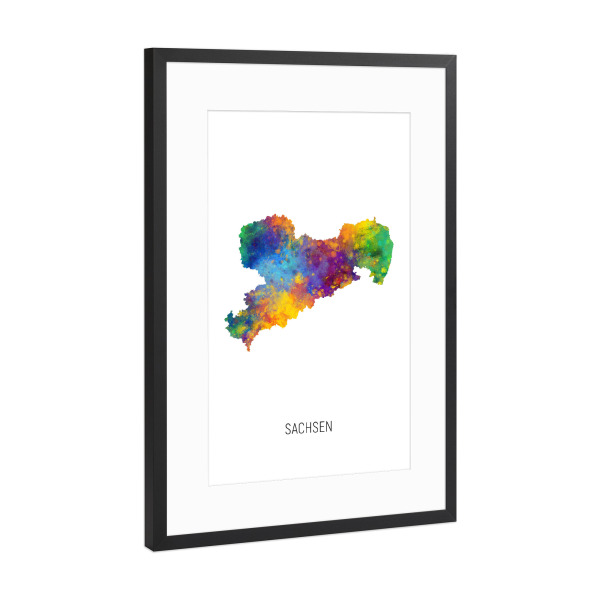 Poster mit Rahmen Schwarz (Metallic) "Sachsen-Aquarell-Landkarte" artboxONE - Kartografie - Sachsen,Karte,Aquarell,Malerei,Landeskarte,Deutschland