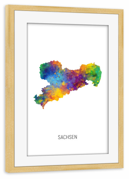 Poster mit Rahmen kiefer "Sachsen-Aquarell-Landkarte" artboxONE - Kartografie - Sachsen,Karte,Aquarell,Malerei,Landeskarte,Deutschland