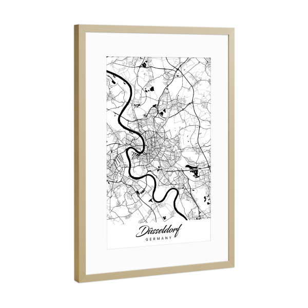 Poster mit Rahmen Gold "Düsseldorf City Map" artboxONE - Schwarzweiß,Städte / Düsseldorf,Kartografie
